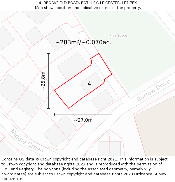 4, BROOKFIELD ROAD, ROTHLEY, LEICESTER, LE7 7RX: Plot and title map