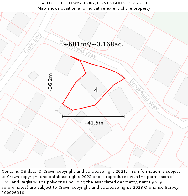 4, BROOKFIELD WAY, BURY, HUNTINGDON, PE26 2LH: Plot and title map