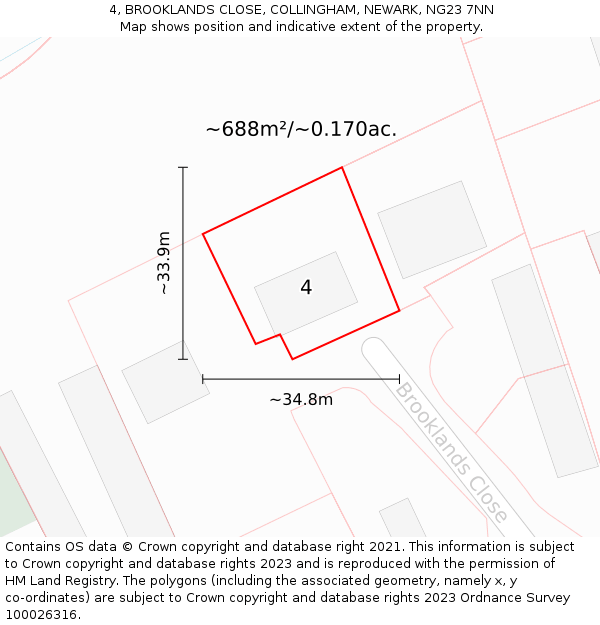 4, BROOKLANDS CLOSE, COLLINGHAM, NEWARK, NG23 7NN: Plot and title map