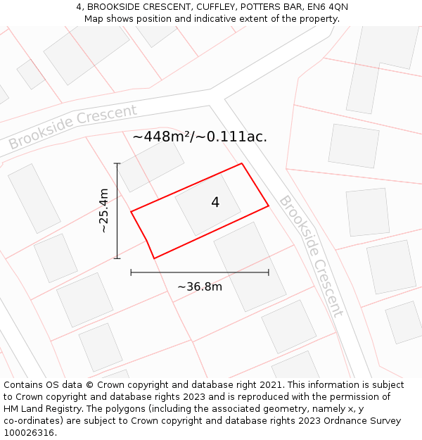 4, BROOKSIDE CRESCENT, CUFFLEY, POTTERS BAR, EN6 4QN: Plot and title map