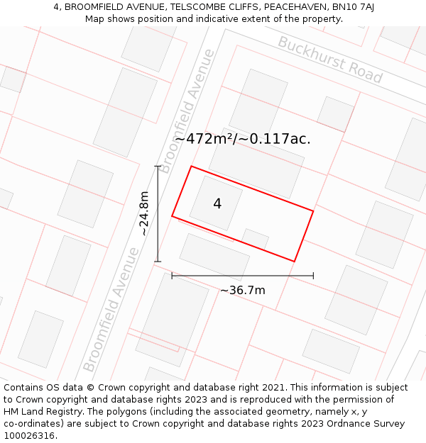 4, BROOMFIELD AVENUE, TELSCOMBE CLIFFS, PEACEHAVEN, BN10 7AJ: Plot and title map