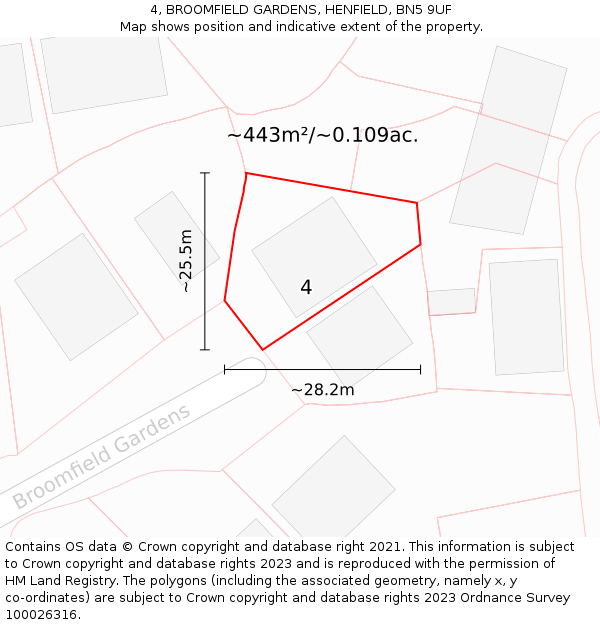 4, BROOMFIELD GARDENS, HENFIELD, BN5 9UF: Plot and title map