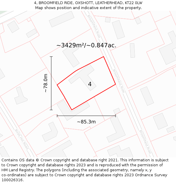 4, BROOMFIELD RIDE, OXSHOTT, LEATHERHEAD, KT22 0LW: Plot and title map