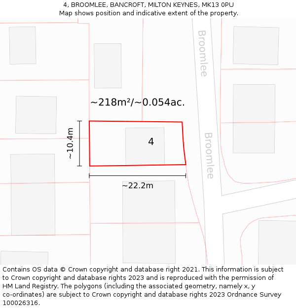 4, BROOMLEE, BANCROFT, MILTON KEYNES, MK13 0PU: Plot and title map