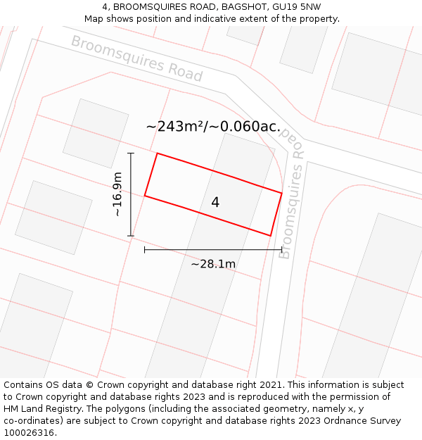 4, BROOMSQUIRES ROAD, BAGSHOT, GU19 5NW: Plot and title map