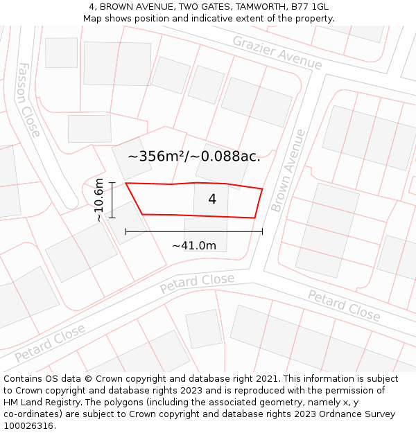 4, BROWN AVENUE, TWO GATES, TAMWORTH, B77 1GL: Plot and title map