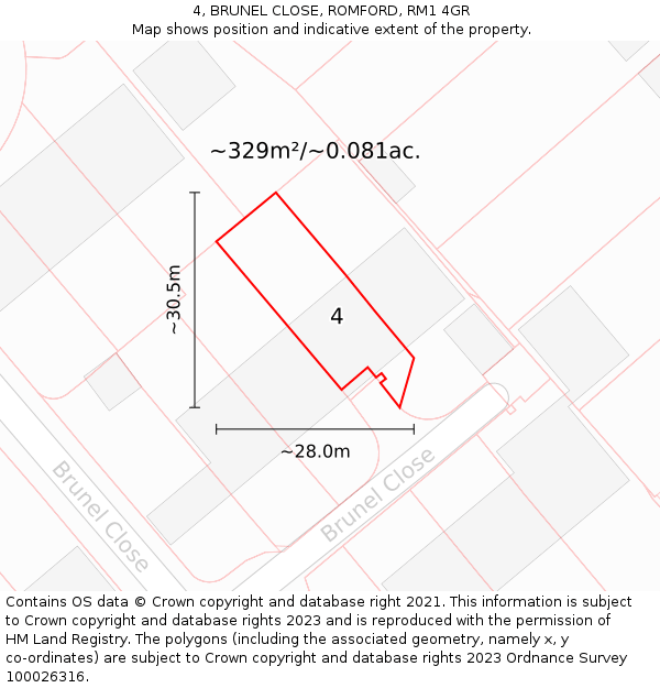 4, BRUNEL CLOSE, ROMFORD, RM1 4GR: Plot and title map