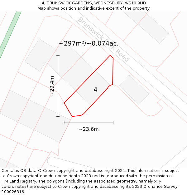 4, BRUNSWICK GARDENS, WEDNESBURY, WS10 9UB: Plot and title map