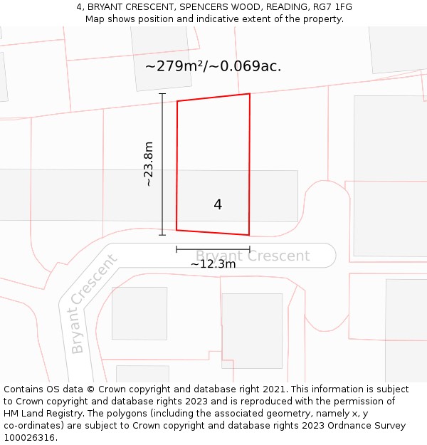 4, BRYANT CRESCENT, SPENCERS WOOD, READING, RG7 1FG: Plot and title map