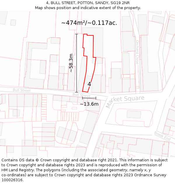 4, BULL STREET, POTTON, SANDY, SG19 2NR: Plot and title map