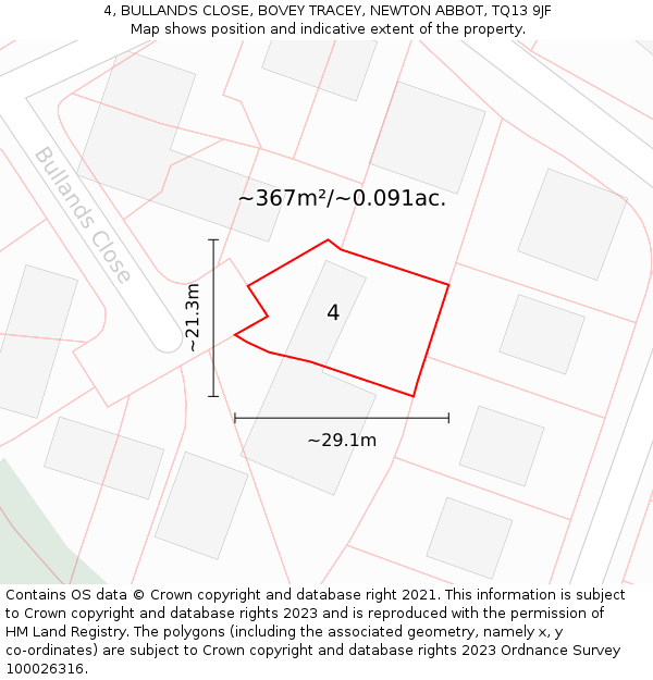 4, BULLANDS CLOSE, BOVEY TRACEY, NEWTON ABBOT, TQ13 9JF: Plot and title map