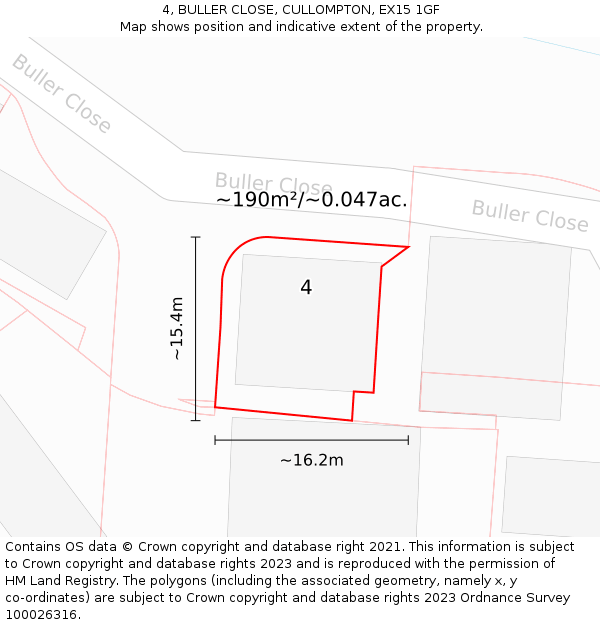 4, BULLER CLOSE, CULLOMPTON, EX15 1GF: Plot and title map