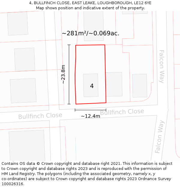 4, BULLFINCH CLOSE, EAST LEAKE, LOUGHBOROUGH, LE12 6YE: Plot and title map