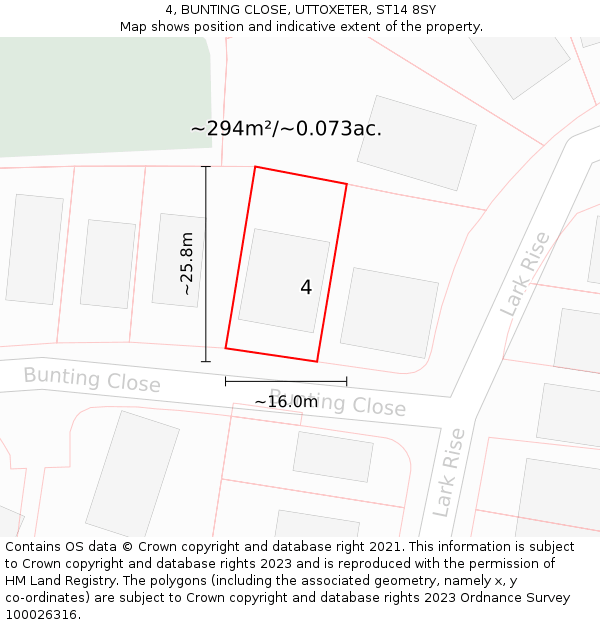 4, BUNTING CLOSE, UTTOXETER, ST14 8SY: Plot and title map