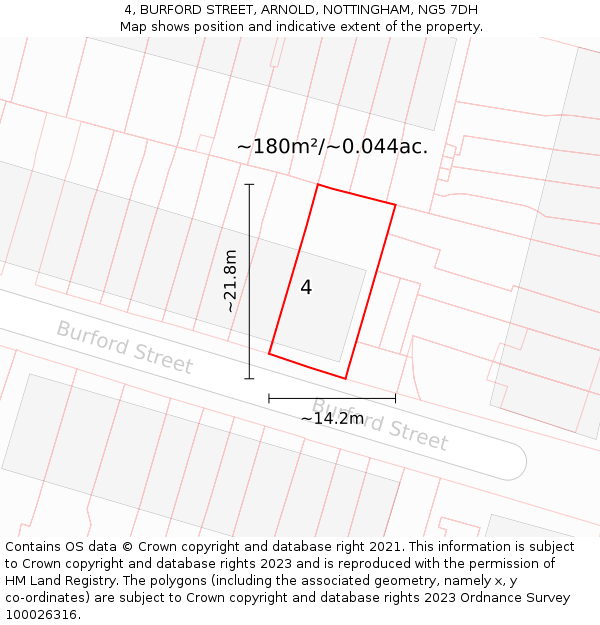 4, BURFORD STREET, ARNOLD, NOTTINGHAM, NG5 7DH: Plot and title map