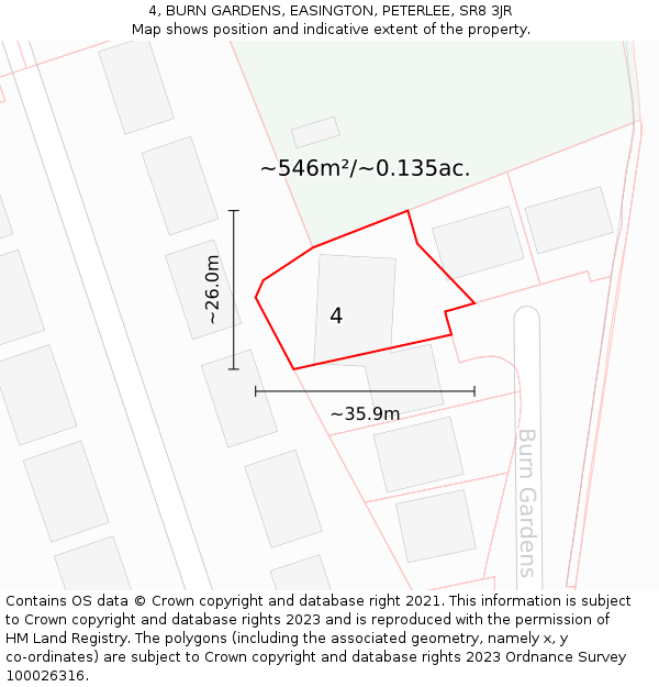 4, BURN GARDENS, EASINGTON, PETERLEE, SR8 3JR: Plot and title map