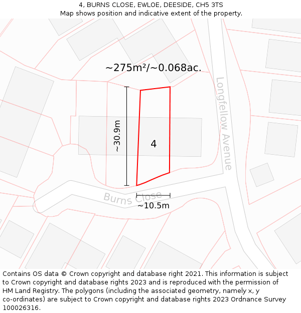 4, BURNS CLOSE, EWLOE, DEESIDE, CH5 3TS: Plot and title map