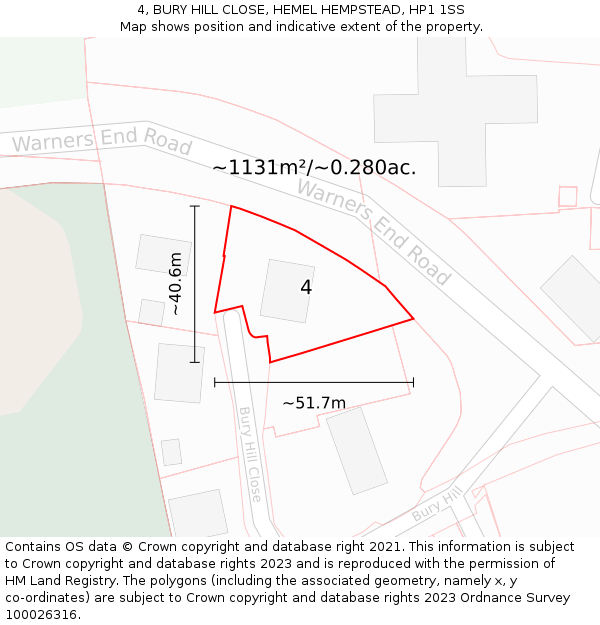 4, BURY HILL CLOSE, HEMEL HEMPSTEAD, HP1 1SS: Plot and title map