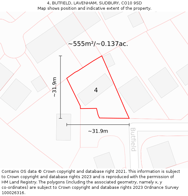 4, BUTFIELD, LAVENHAM, SUDBURY, CO10 9SD: Plot and title map