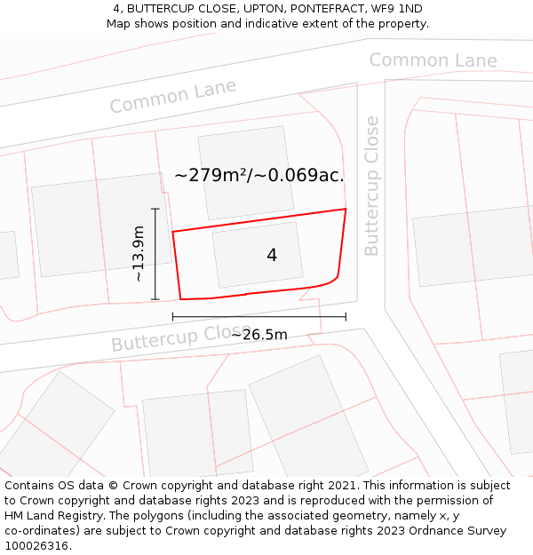 4, BUTTERCUP CLOSE, UPTON, PONTEFRACT, WF9 1ND: Plot and title map