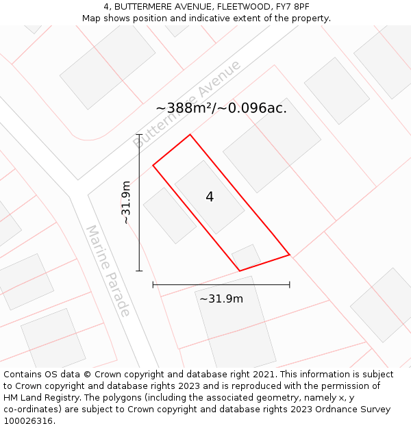 4, BUTTERMERE AVENUE, FLEETWOOD, FY7 8PF: Plot and title map