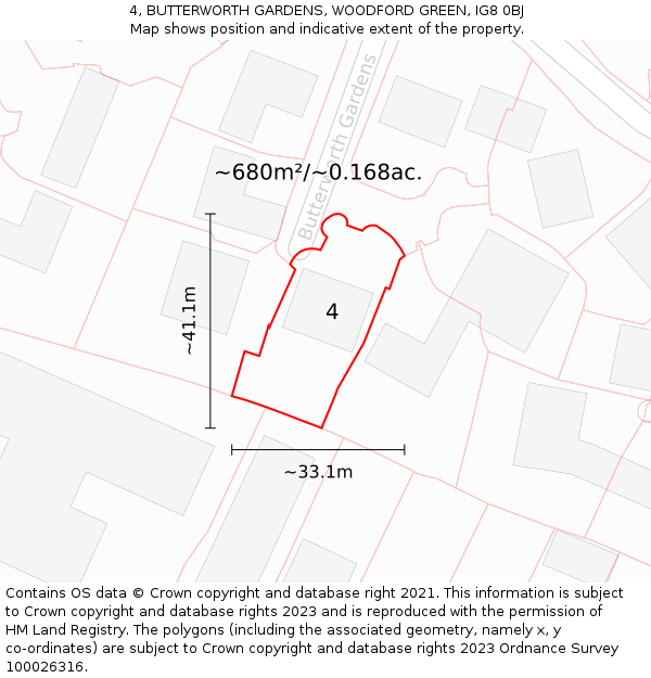 4, BUTTERWORTH GARDENS, WOODFORD GREEN, IG8 0BJ: Plot and title map