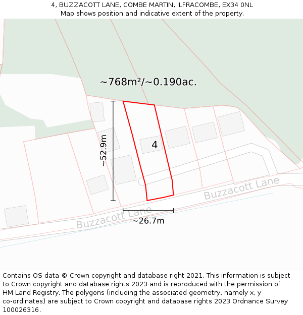 4, BUZZACOTT LANE, COMBE MARTIN, ILFRACOMBE, EX34 0NL: Plot and title map