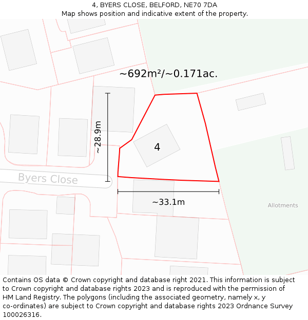 4, BYERS CLOSE, BELFORD, NE70 7DA: Plot and title map