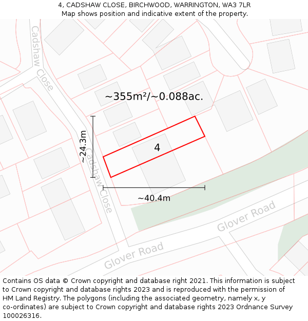 4, CADSHAW CLOSE, BIRCHWOOD, WARRINGTON, WA3 7LR: Plot and title map