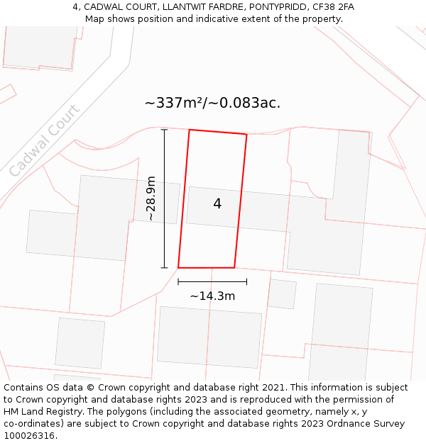 4, CADWAL COURT, LLANTWIT FARDRE, PONTYPRIDD, CF38 2FA: Plot and title map