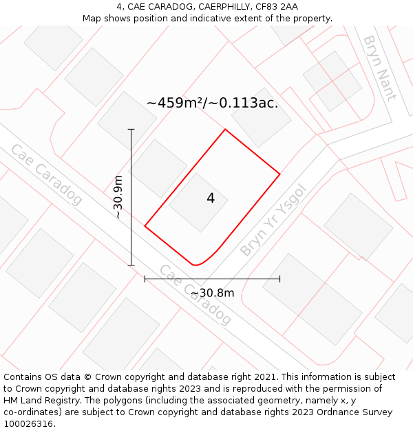 4, CAE CARADOG, CAERPHILLY, CF83 2AA: Plot and title map