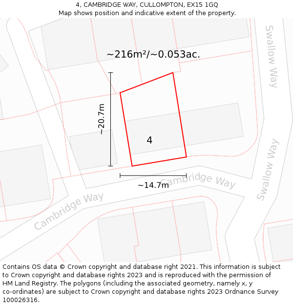 4, CAMBRIDGE WAY, CULLOMPTON, EX15 1GQ: Plot and title map