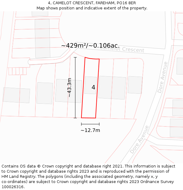 4, CAMELOT CRESCENT, FAREHAM, PO16 8ER: Plot and title map