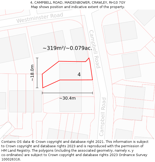 4, CAMPBELL ROAD, MAIDENBOWER, CRAWLEY, RH10 7GY: Plot and title map