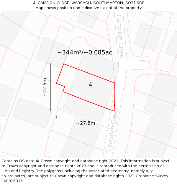 4, CAMPION CLOSE, WARSASH, SOUTHAMPTON, SO31 9DE: Plot and title map