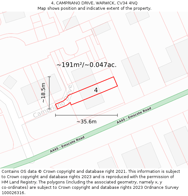 4, CAMPRIANO DRIVE, WARWICK, CV34 4NQ: Plot and title map