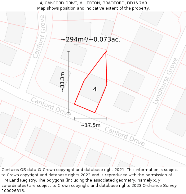 4, CANFORD DRIVE, ALLERTON, BRADFORD, BD15 7AR: Plot and title map