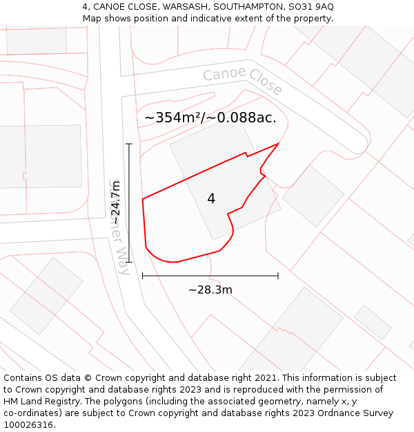 4, CANOE CLOSE, WARSASH, SOUTHAMPTON, SO31 9AQ: Plot and title map