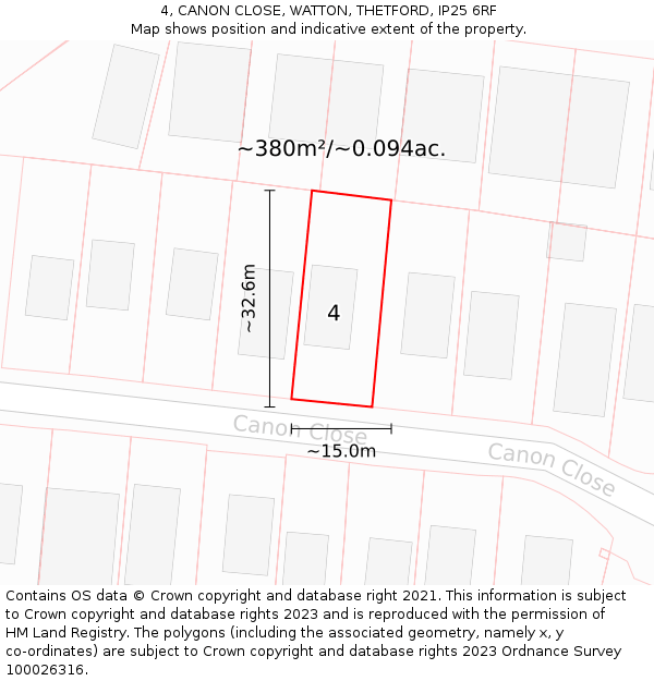 4, CANON CLOSE, WATTON, THETFORD, IP25 6RF: Plot and title map
