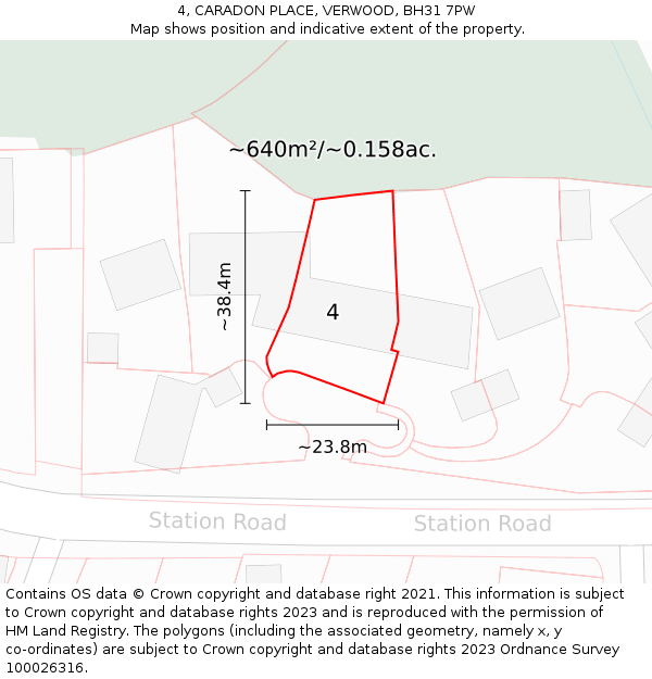 4, CARADON PLACE, VERWOOD, BH31 7PW: Plot and title map