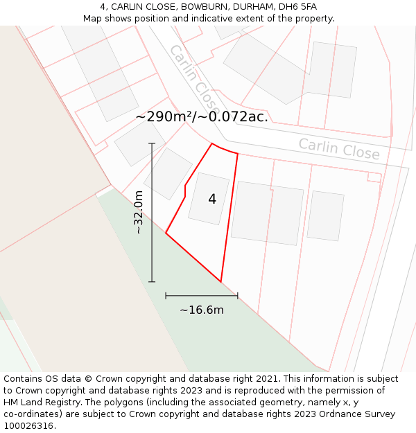 4, CARLIN CLOSE, BOWBURN, DURHAM, DH6 5FA: Plot and title map