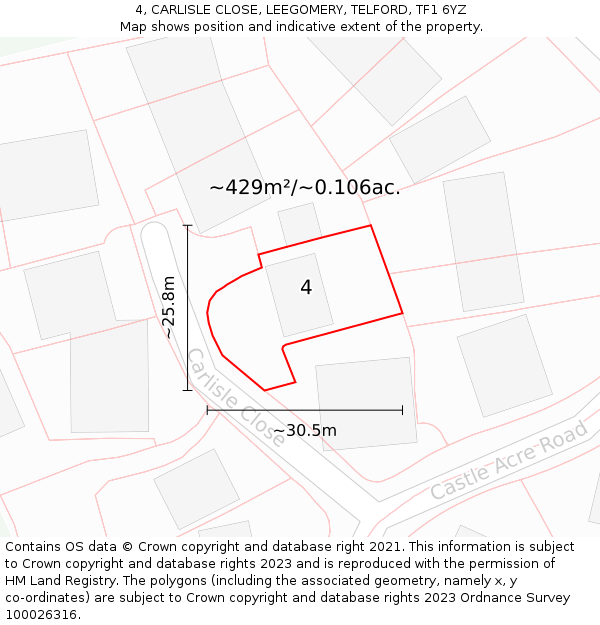 4, CARLISLE CLOSE, LEEGOMERY, TELFORD, TF1 6YZ: Plot and title map