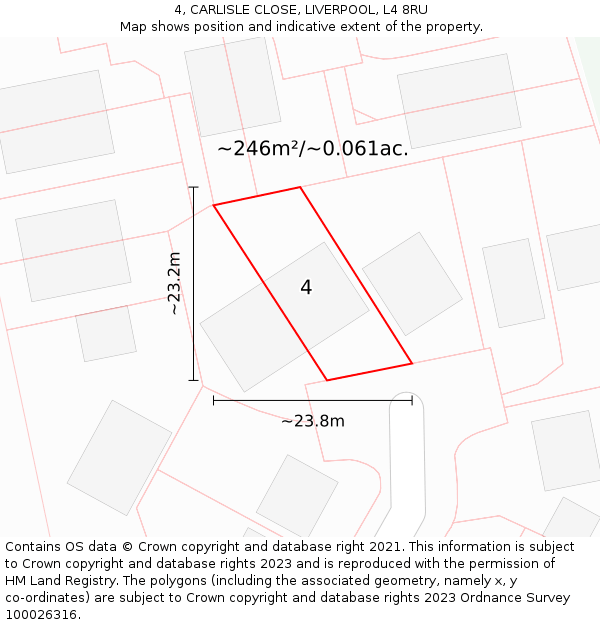 4, CARLISLE CLOSE, LIVERPOOL, L4 8RU: Plot and title map