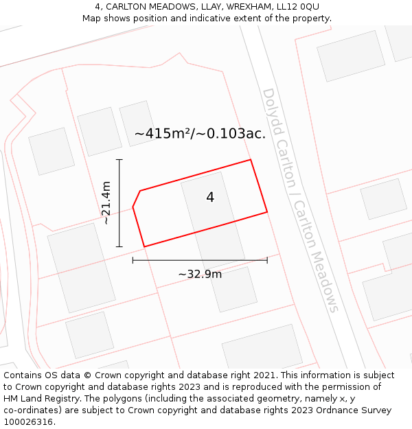 4, CARLTON MEADOWS, LLAY, WREXHAM, LL12 0QU: Plot and title map
