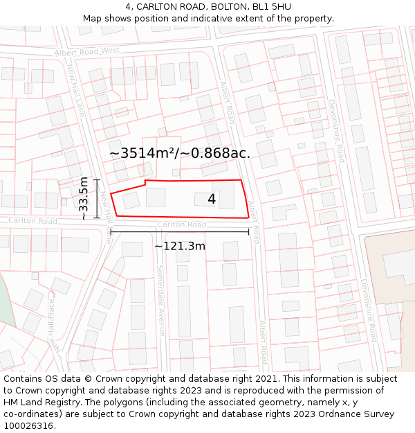 4, CARLTON ROAD, BOLTON, BL1 5HU: Plot and title map