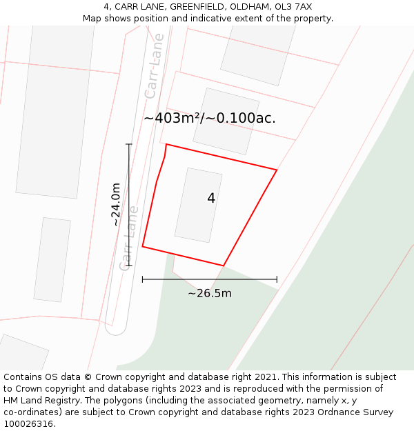 4, CARR LANE, GREENFIELD, OLDHAM, OL3 7AX: Plot and title map