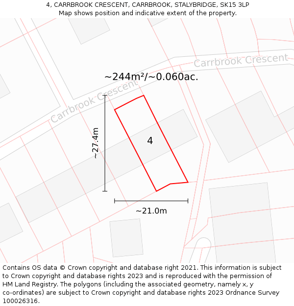 4, CARRBROOK CRESCENT, CARRBROOK, STALYBRIDGE, SK15 3LP: Plot and title map