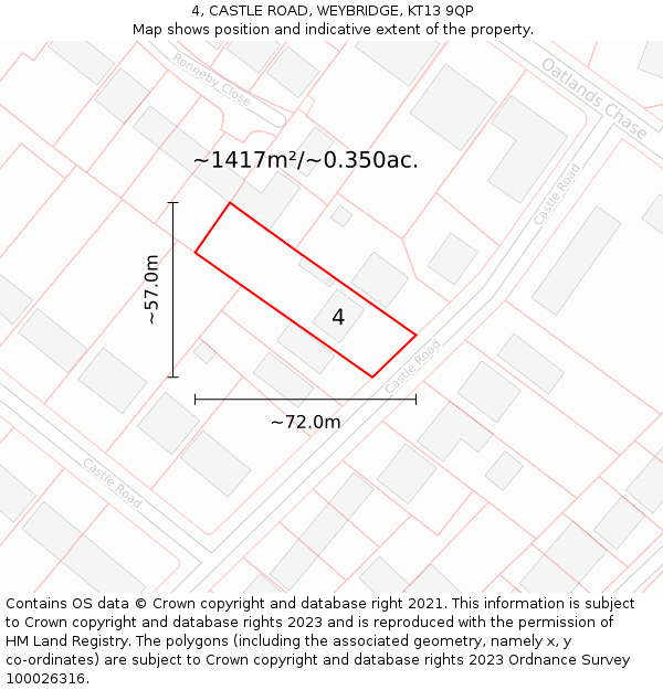 4, CASTLE ROAD, WEYBRIDGE, KT13 9QP: Plot and title map