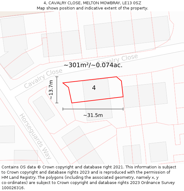 4, CAVALRY CLOSE, MELTON MOWBRAY, LE13 0SZ: Plot and title map