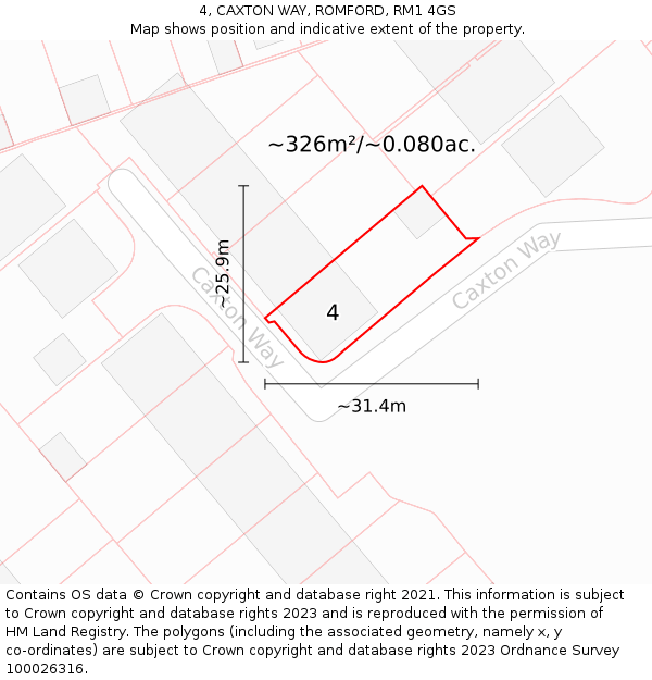 4, CAXTON WAY, ROMFORD, RM1 4GS: Plot and title map